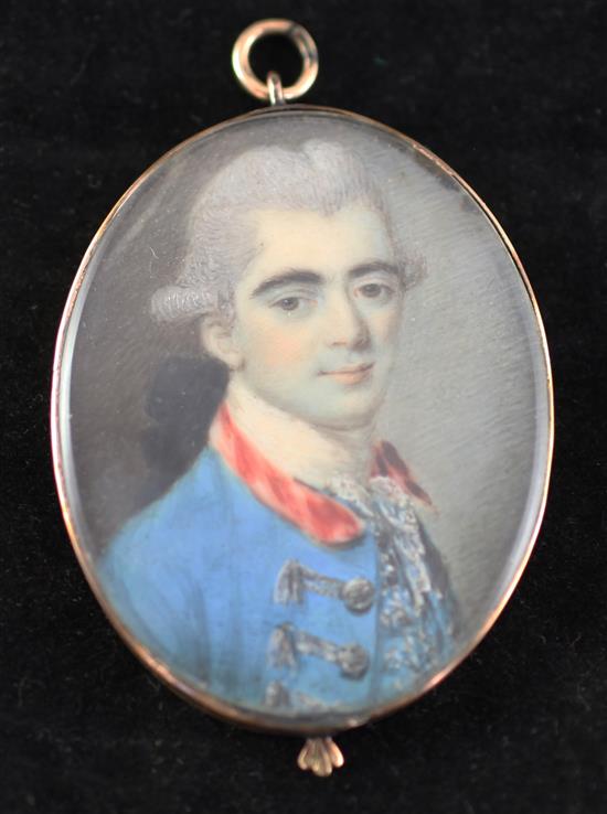 French school c.1770 Miniature of a nobleman wearing a blue coat 1.75 x 1.25in., engraved gold frame